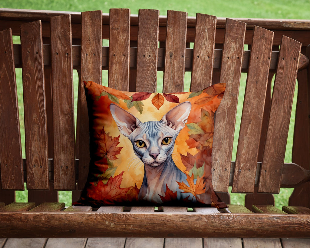 Sphynx Cat in Fall Leaves Decorative Throw Pillow 14x14 Indoor Outdoor Accent Cushion, Fabric Cover with Insert for Sofa, Bed, Porch & Living Room