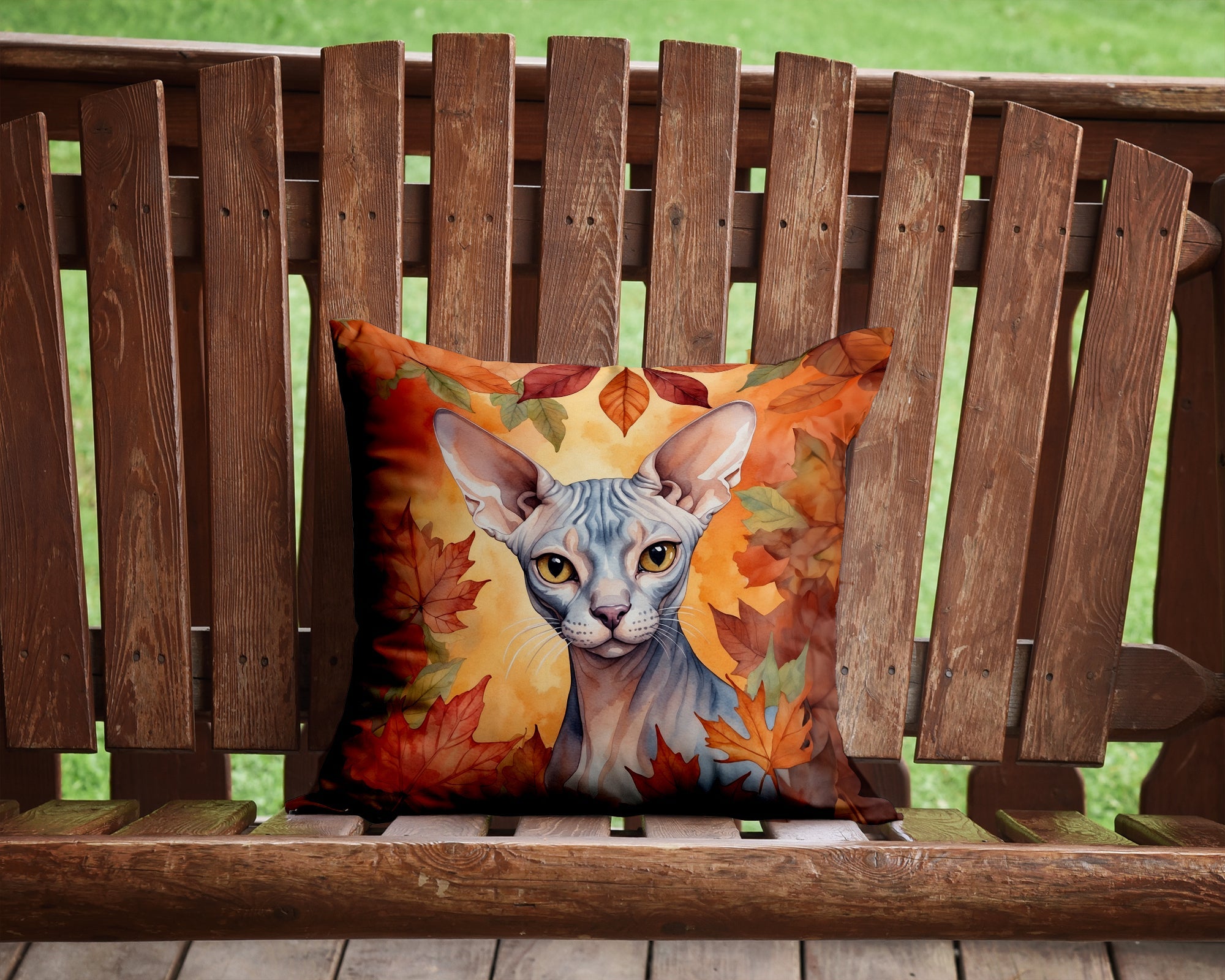 Sphynx Cat in Fall Leaves Decorative Throw Pillow 14x14 Indoor Outdoor Accent Cushion, Fabric Cover with Insert for Sofa, Bed, Porch & Living Room