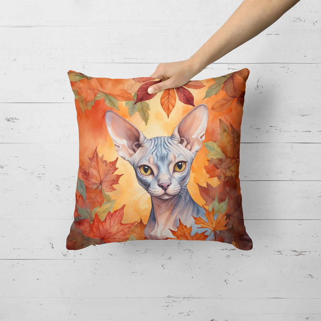 Sphynx Cat in Fall Leaves Decorative Throw Pillow 18x18 Indoor Outdoor Accent Cushion, Fabric Cover with Insert for Sofa, Bed, Porch & Living Room