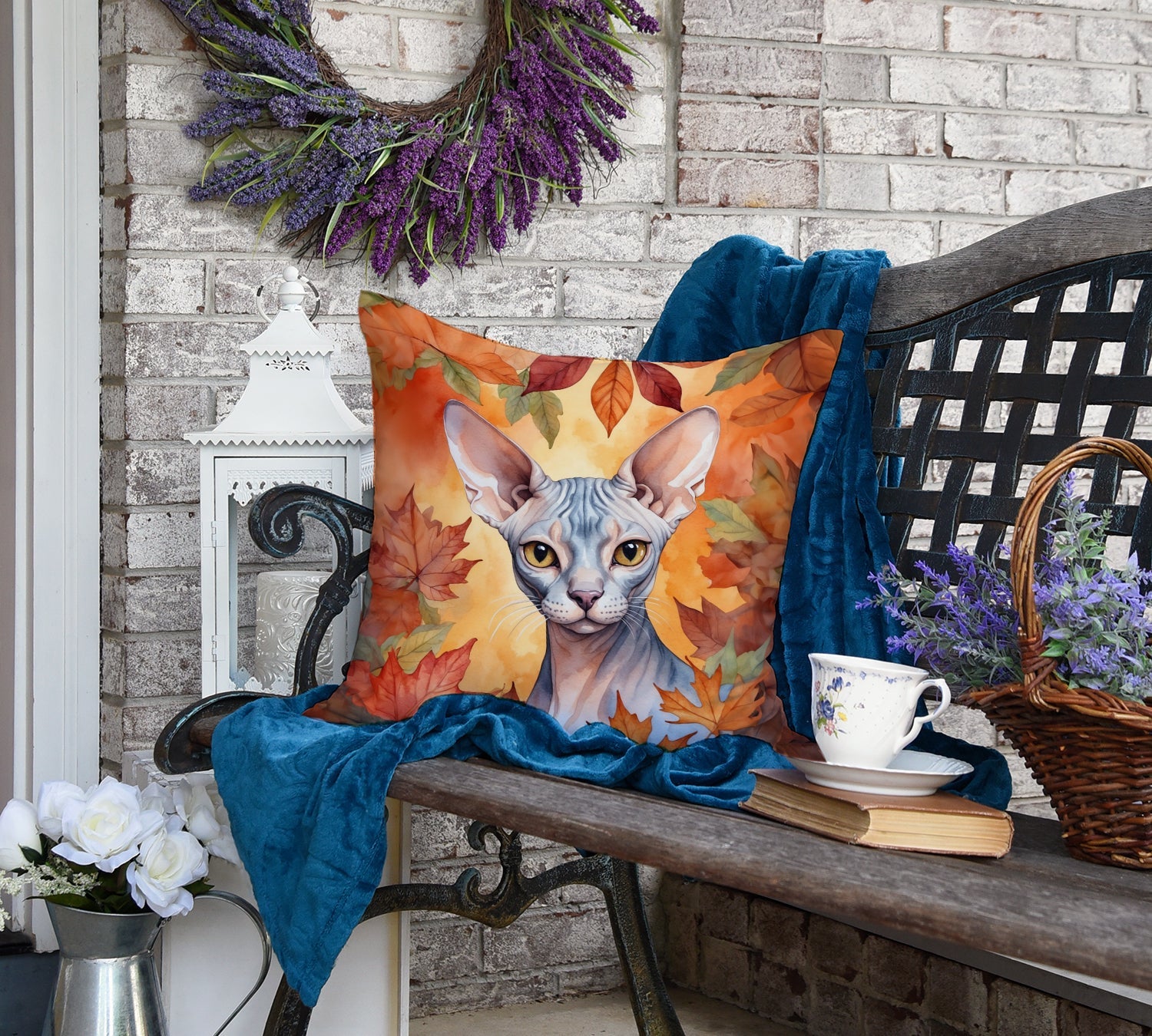 Sphynx Cat in Fall Leaves Decorative Throw Pillow 18x18 Indoor Outdoor Accent Cushion, Fabric Cover with Insert for Sofa, Bed, Porch & Living Room