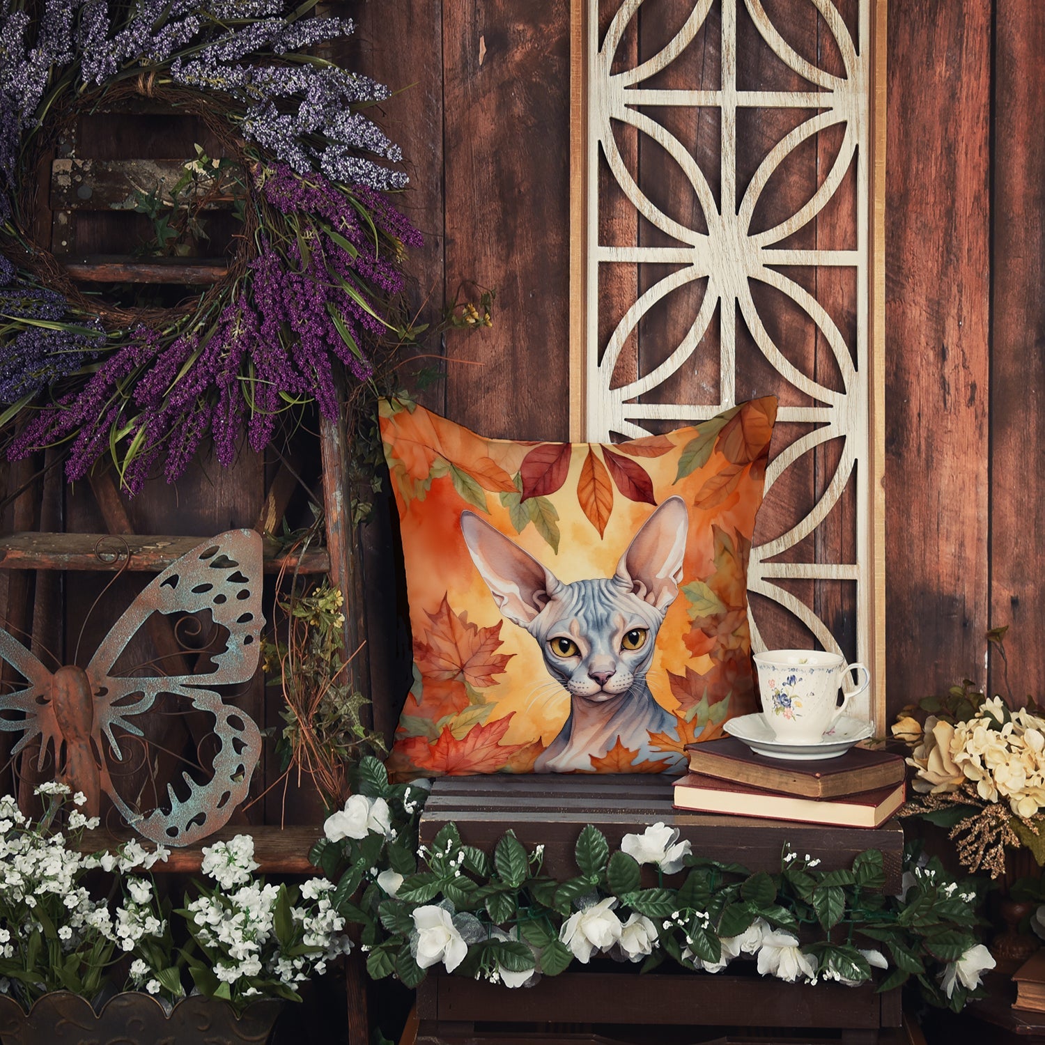 Sphynx Cat in Fall Leaves Decorative Throw Pillow 18x18 Indoor Outdoor Accent Cushion, Fabric Cover with Insert for Sofa, Bed, Porch & Living Room