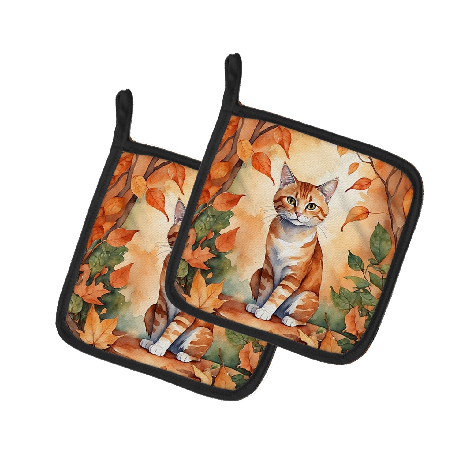 Suphalak Cat in Fall Leaves Pot Holder Set of 2 Heat Resistant Quilted Hot Pads 7.5 x 7.5 Inch, Insulated Kitchen Trivets for Cooking & Baking
