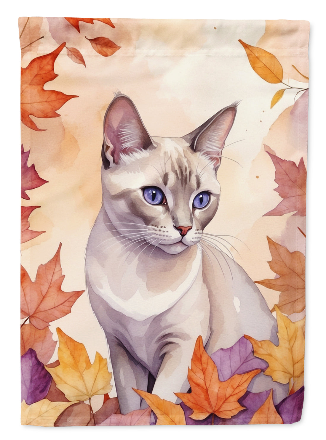Thai Lilac Cat in Fall Leaves House Flag 28x40 Porch Sleeve Pole Decorative Outside Yard Banner Artwork Wall Hanging, Polyester