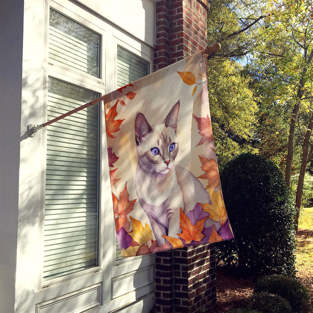 Thai Lilac Cat in Fall Leaves House Flag 28x40 Porch Sleeve Pole Decorative Outside Yard Banner Artwork Wall Hanging, Polyester
