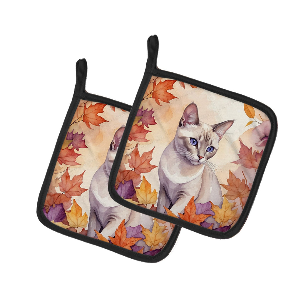Thai Lilac Cat in Fall Leaves Pot Holder Set of 2 Heat Resistant Quilted Hot Pads 7.5 x 7.5 Inch, Insulated Kitchen Trivets for Cooking & Baking