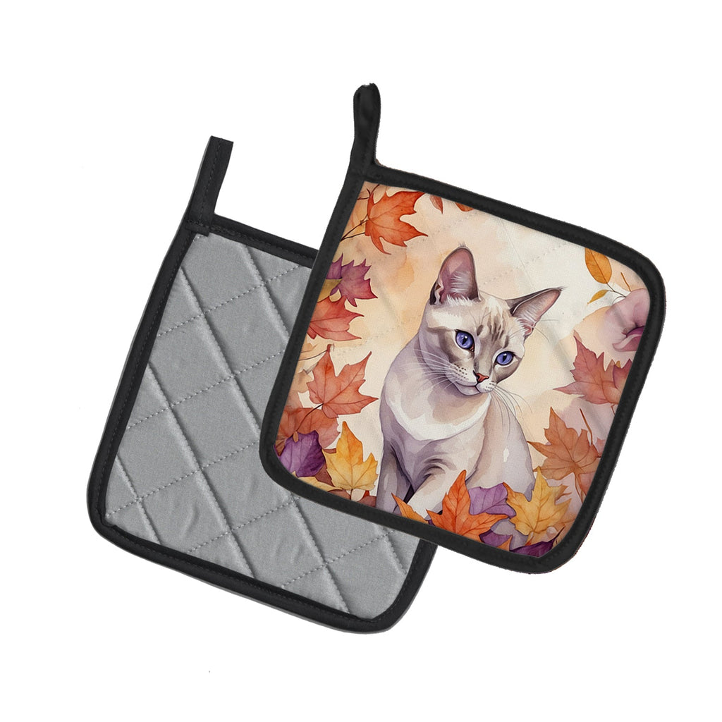 Thai Lilac Cat in Fall Leaves Pot Holder Set of 2 Heat Resistant Quilted Hot Pads 7.5 x 7.5 Inch, Insulated Kitchen Trivets for Cooking & Baking