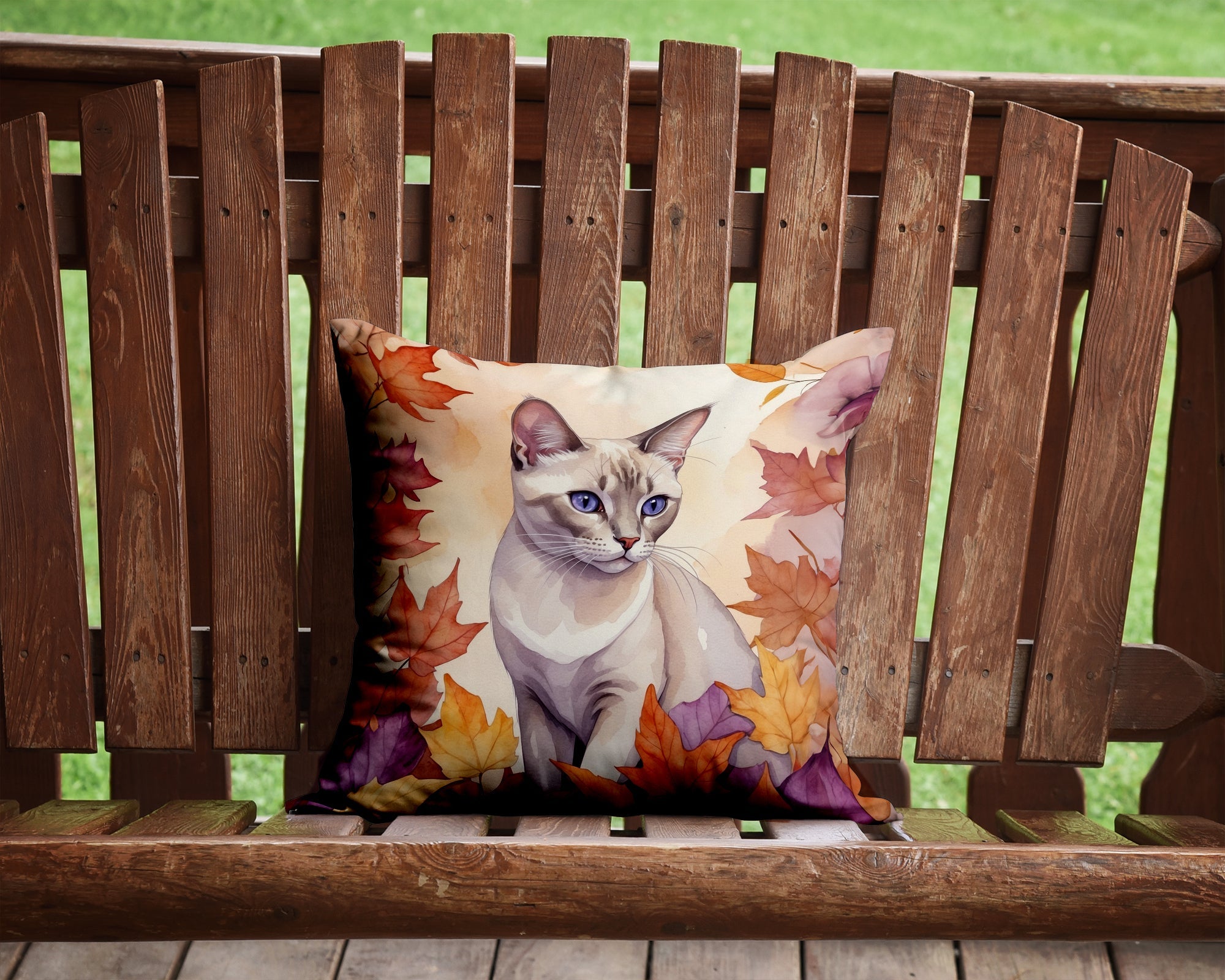 Thai Lilac Cat in Fall Leaves Decorative Throw Pillow 14x14 Indoor Outdoor Accent Cushion, Fabric Cover with Insert for Sofa, Bed, Porch & Living Room