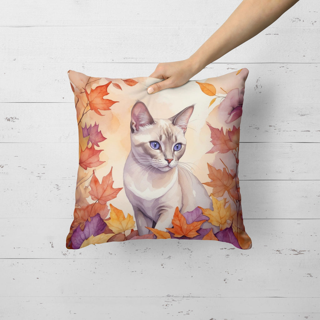 Thai Lilac Cat in Fall Leaves Decorative Throw Pillow 18x18 Indoor Outdoor Accent Cushion, Fabric Cover with Insert for Sofa, Bed, Porch & Living Room