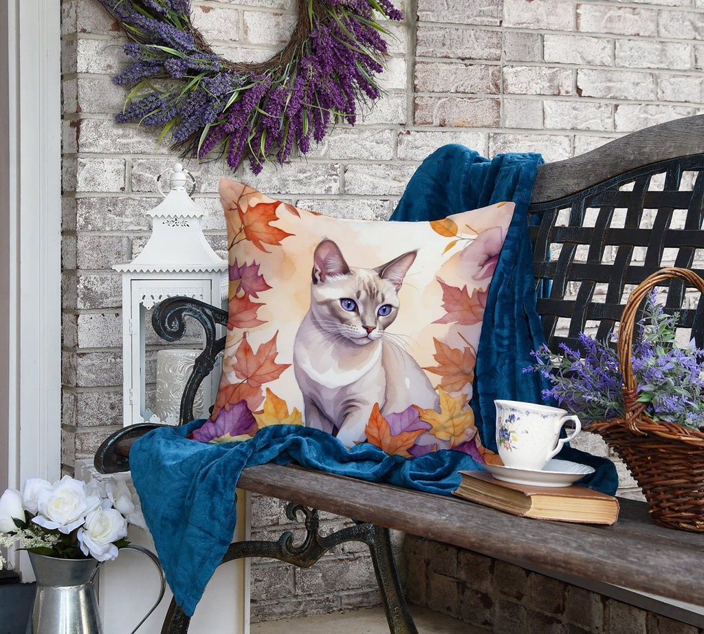 Thai Lilac Cat in Fall Leaves Decorative Throw Pillow 18x18 Indoor Outdoor Accent Cushion, Fabric Cover with Insert for Sofa, Bed, Porch & Living Room