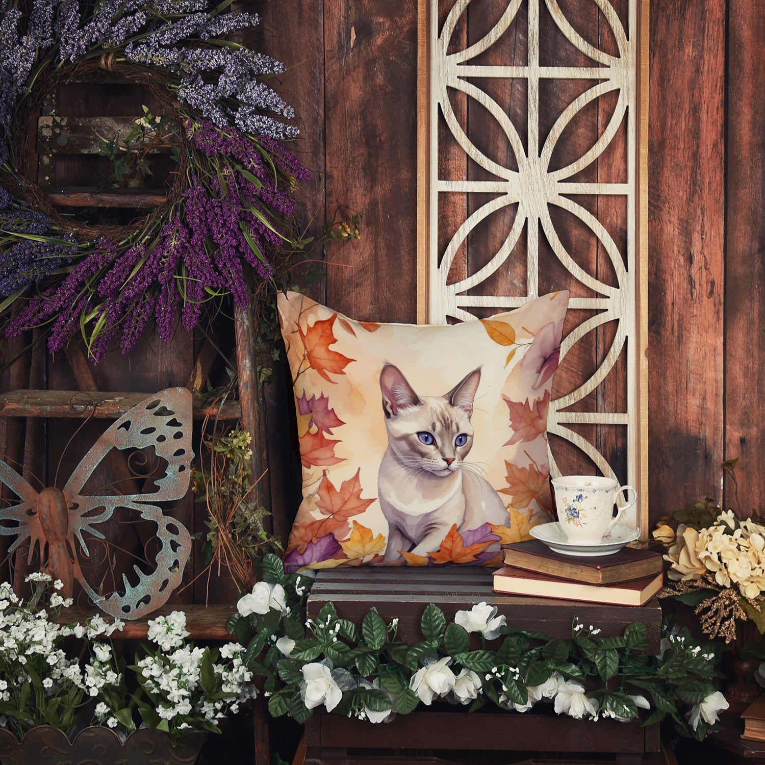 Thai Lilac Cat in Fall Leaves Decorative Throw Pillow 18x18 Indoor Outdoor Accent Cushion, Fabric Cover with Insert for Sofa, Bed, Porch & Living Room
