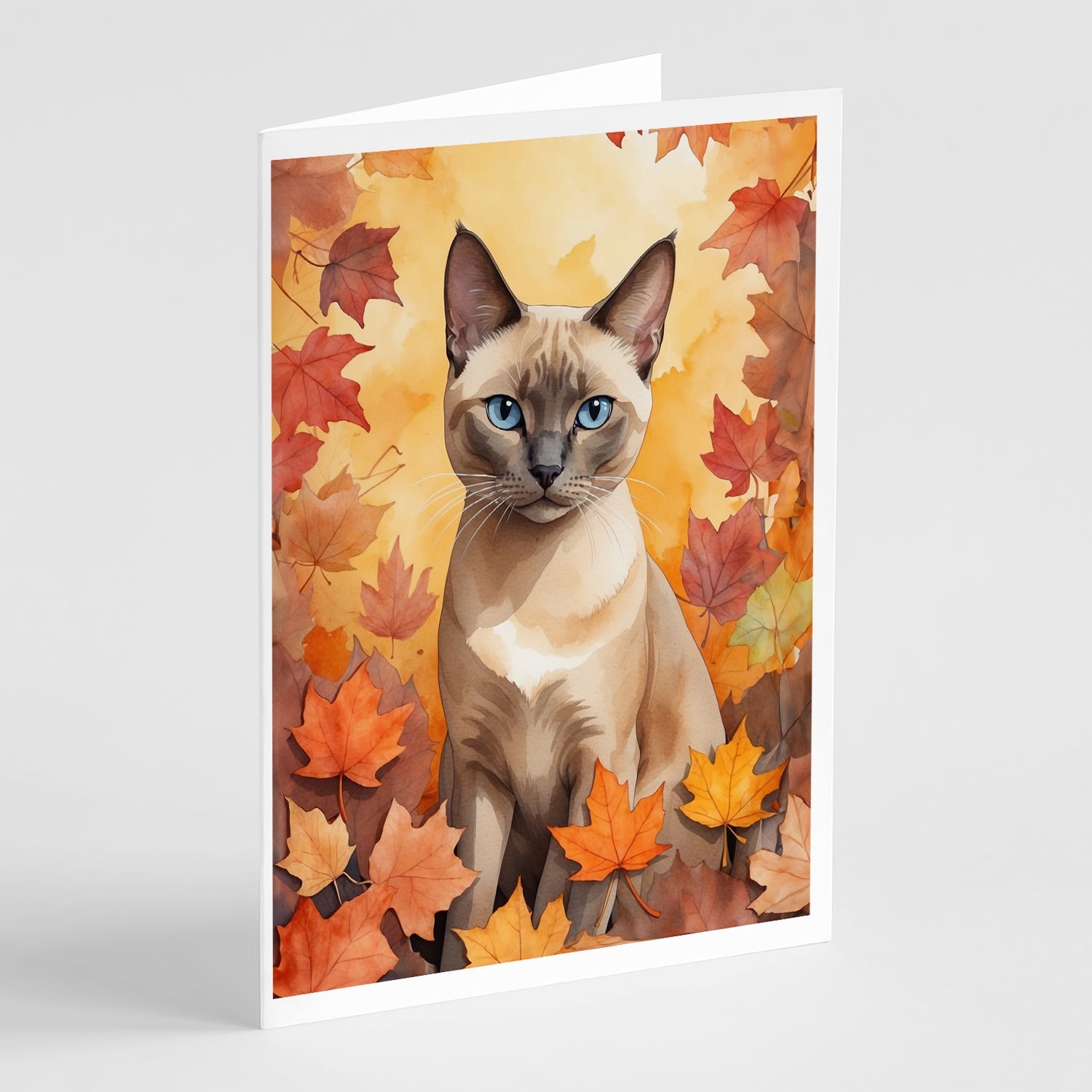 Tonkinese Cat in Fall Leaves Greeting Cards Pack of 8 Blank Cards with Envelopes Whimsical A7 Size 5x7
