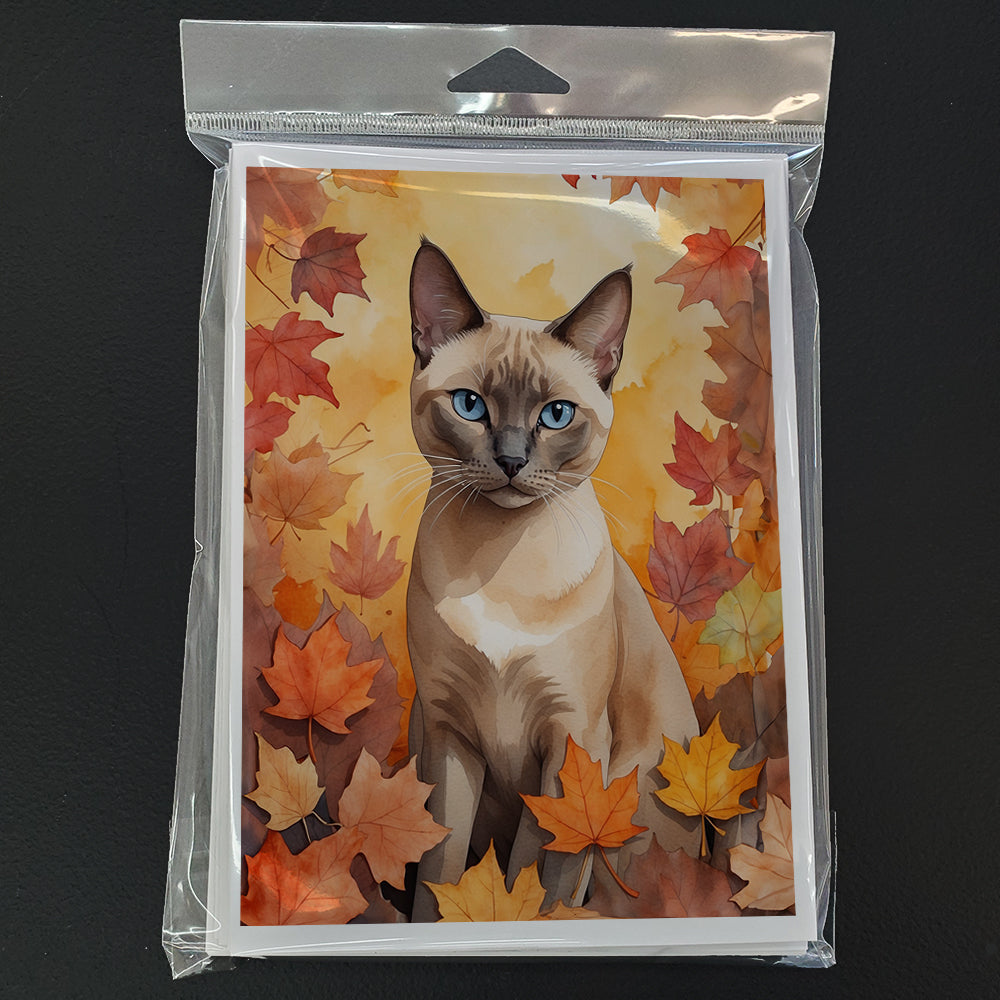 Tonkinese Cat in Fall Leaves Greeting Cards Pack of 8 Blank Cards with Envelopes Whimsical A7 Size 5x7