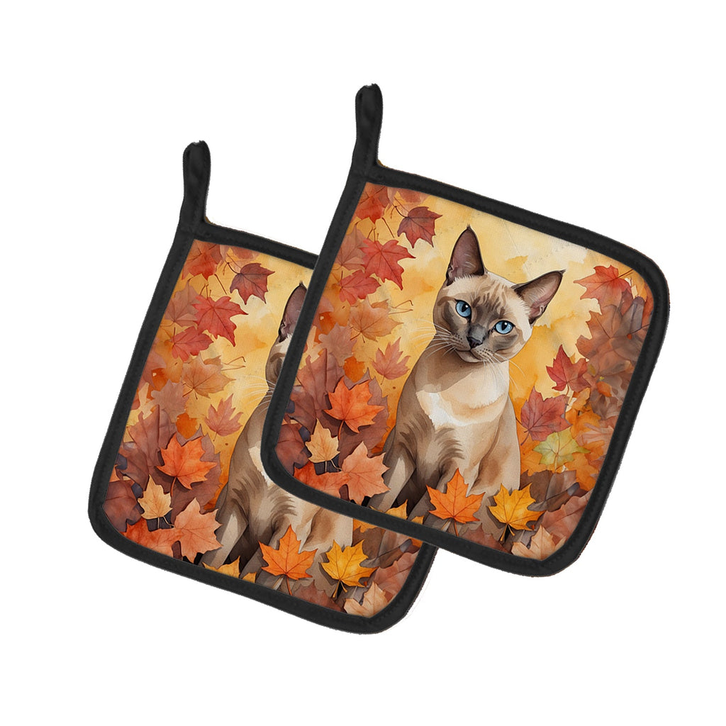 Tonkinese Cat in Fall Leaves Pot Holder Set of 2 Heat Resistant Quilted Hot Pads 7.5 x 7.5 Inch, Insulated Kitchen Trivets for Cooking & Baking