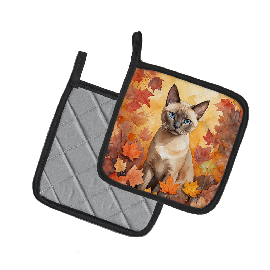 Tonkinese Cat in Fall Leaves Pot Holder Set of 2 Heat Resistant Quilted Hot Pads 7.5 x 7.5 Inch, Insulated Kitchen Trivets for Cooking & Baking