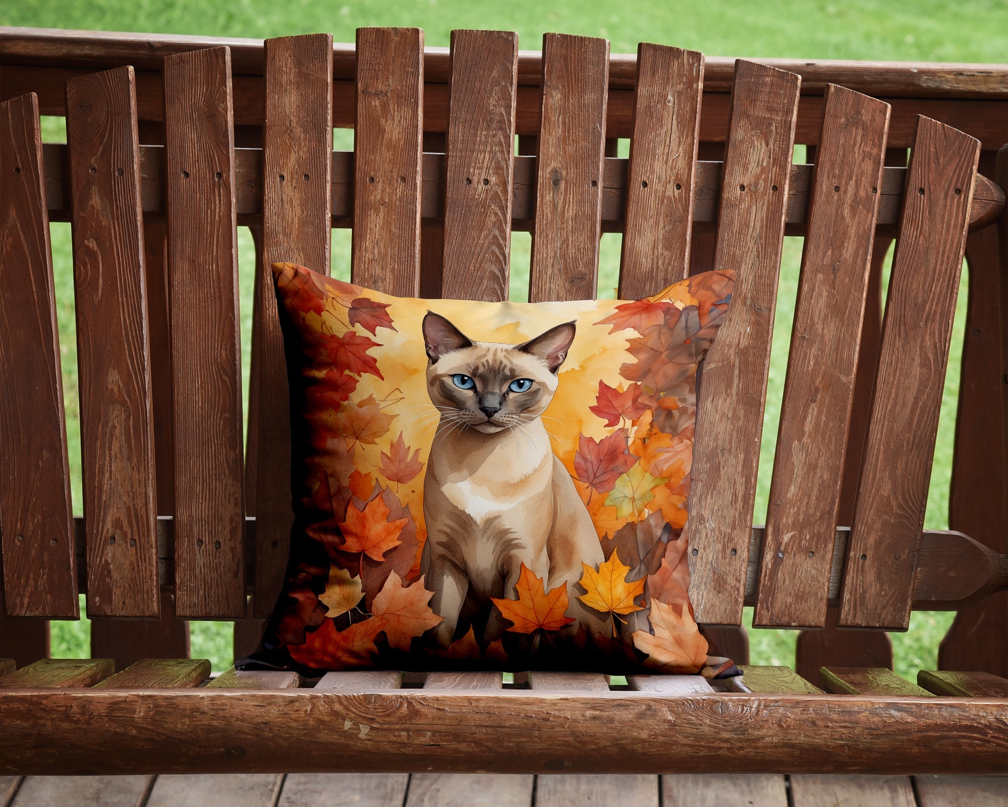 Tonkinese Cat in Fall Leaves Decorative Throw Pillow 14x14 Indoor Outdoor Accent Cushion, Fabric Cover with Insert for Sofa, Bed, Porch & Living Room