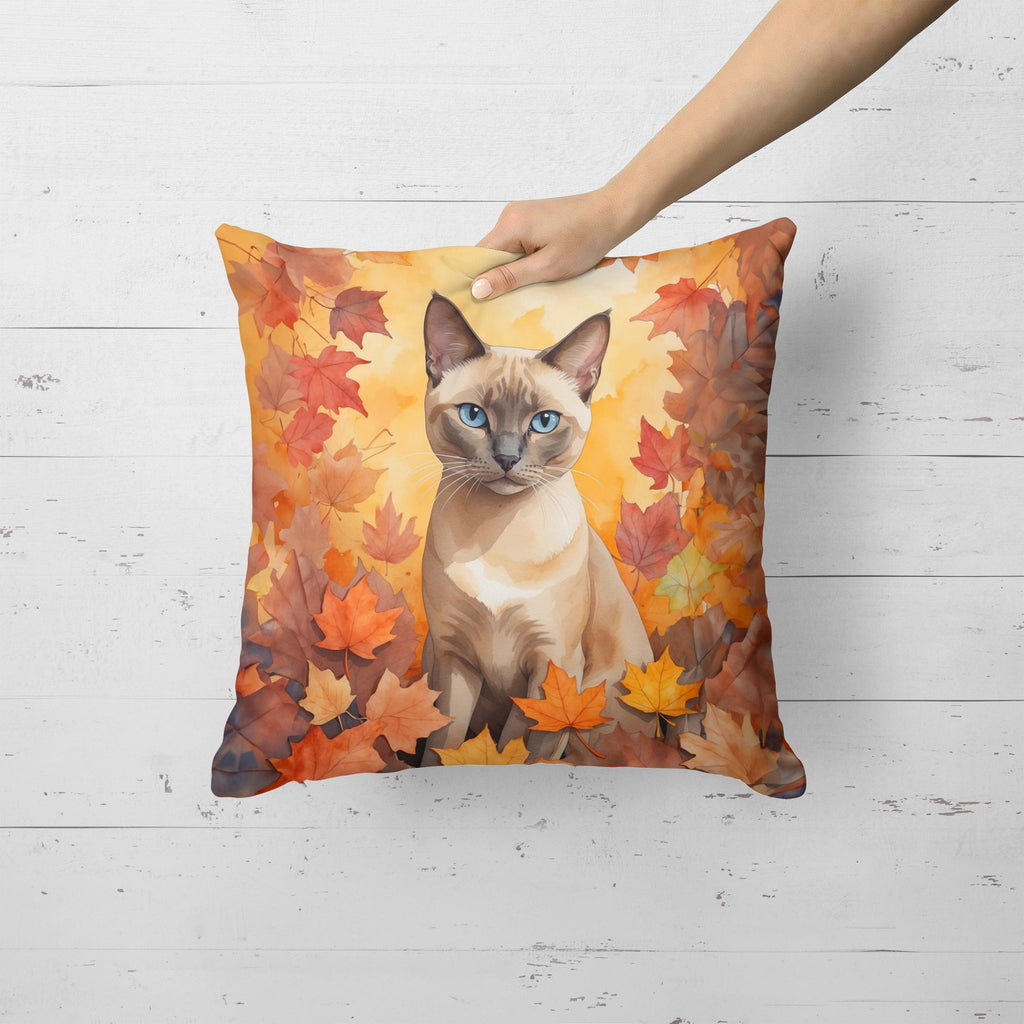 Tonkinese Cat in Fall Leaves Decorative Throw Pillow 18x18 Indoor Outdoor Accent Cushion, Fabric Cover with Insert for Sofa, Bed, Porch & Living Room