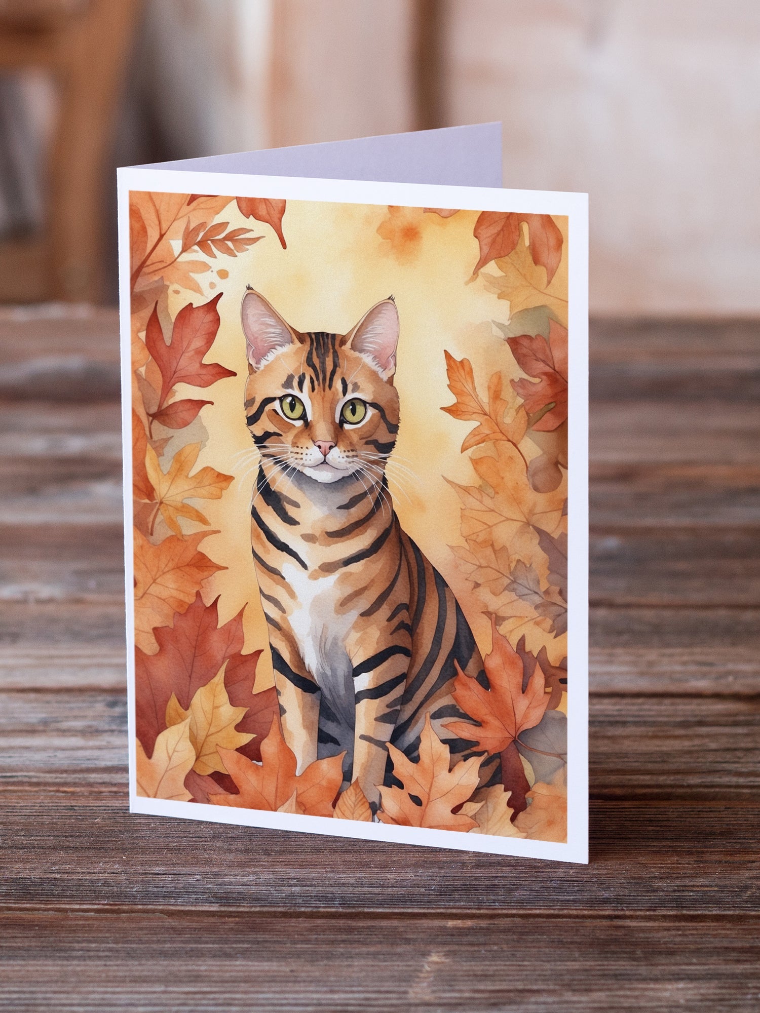 Toyger Cat in Fall Leaves Greeting Cards Pack of 8 Blank Cards with Envelopes Whimsical A7 Size 5x7