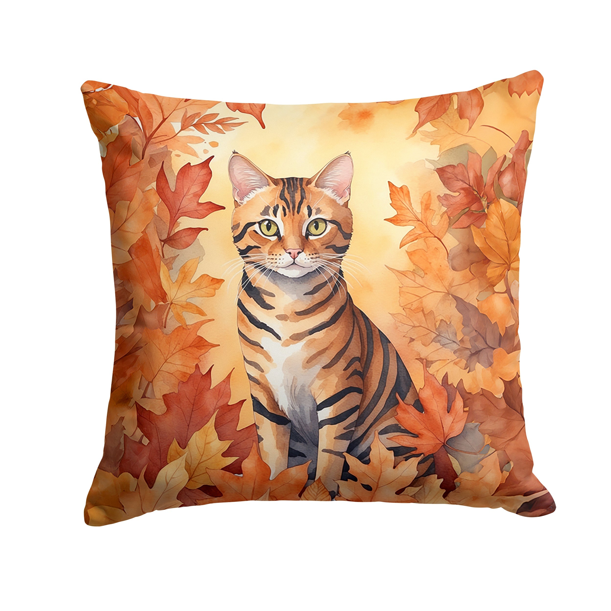 Toyger Cat in Fall Leaves Decorative Throw Pillow 14x14 Indoor Outdoor Accent Cushion, Fabric Cover with Insert for Sofa, Bed, Porch & Living Room