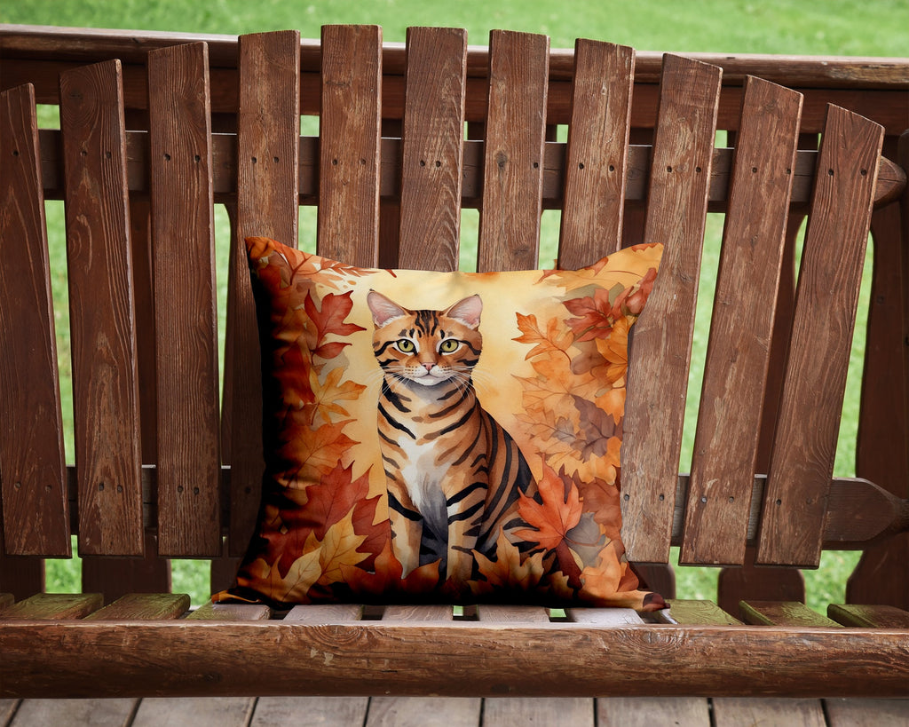 Toyger Cat in Fall Leaves Decorative Throw Pillow 14x14 Indoor Outdoor Accent Cushion, Fabric Cover with Insert for Sofa, Bed, Porch & Living Room