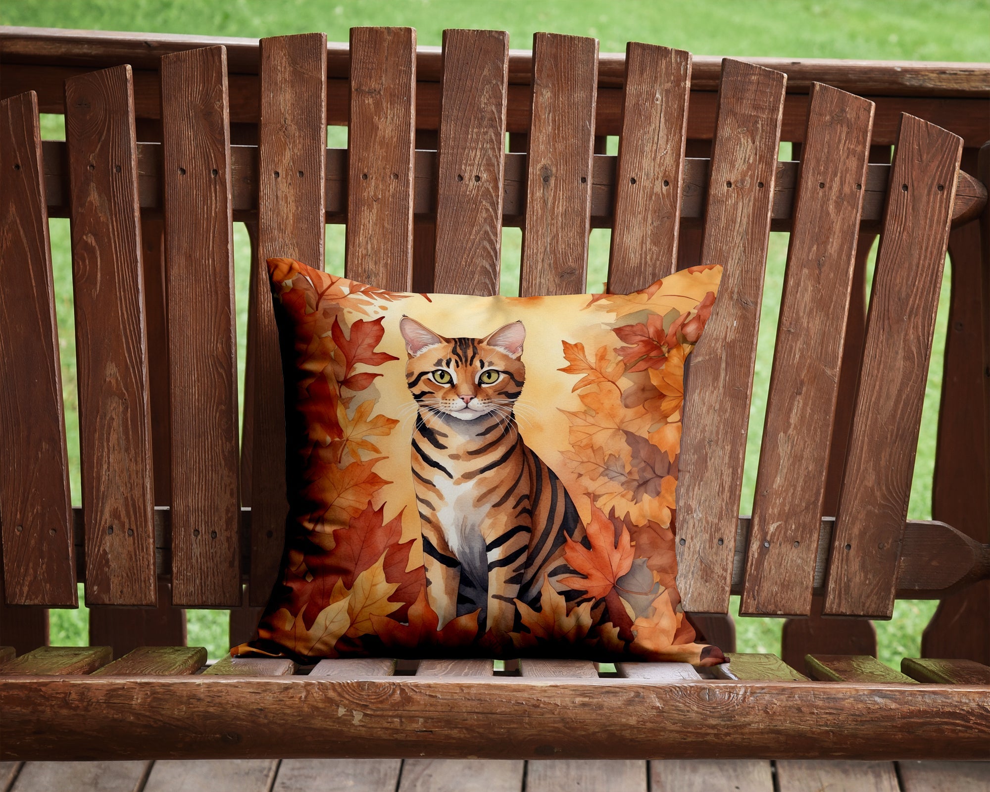 Toyger Cat in Fall Leaves Decorative Throw Pillow 14x14 Indoor Outdoor Accent Cushion, Fabric Cover with Insert for Sofa, Bed, Porch & Living Room