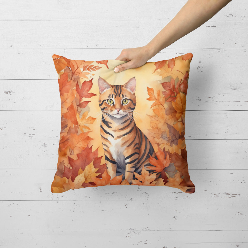 Toyger Cat in Fall Leaves Decorative Throw Pillow 18x18 Indoor Outdoor Accent Cushion, Fabric Cover with Insert for Sofa, Bed, Porch & Living Room