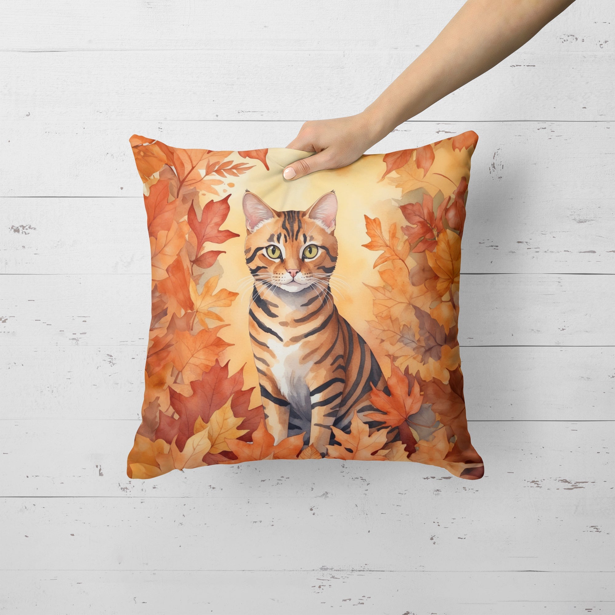 Toyger Cat in Fall Leaves Decorative Throw Pillow 18x18 Indoor Outdoor Accent Cushion, Fabric Cover with Insert for Sofa, Bed, Porch & Living Room