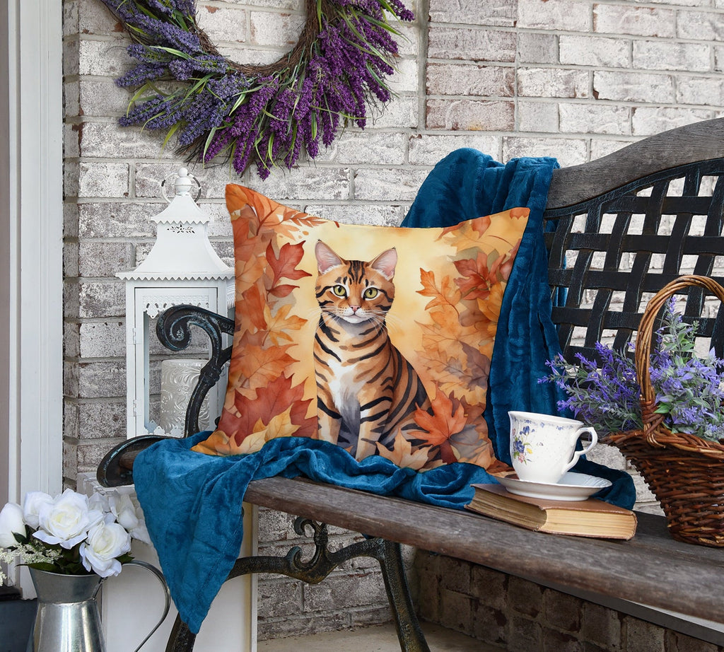 Toyger Cat in Fall Leaves Decorative Throw Pillow 18x18 Indoor Outdoor Accent Cushion, Fabric Cover with Insert for Sofa, Bed, Porch & Living Room