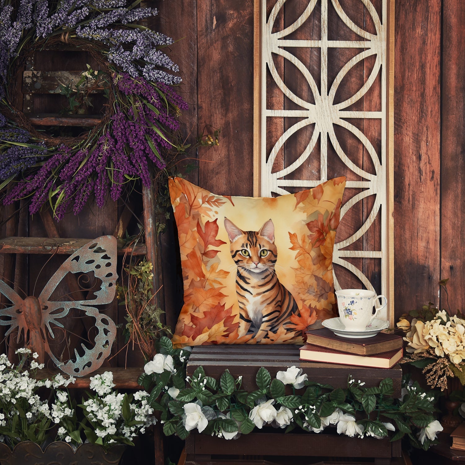 Toyger Cat in Fall Leaves Decorative Throw Pillow 18x18 Indoor Outdoor Accent Cushion, Fabric Cover with Insert for Sofa, Bed, Porch & Living Room