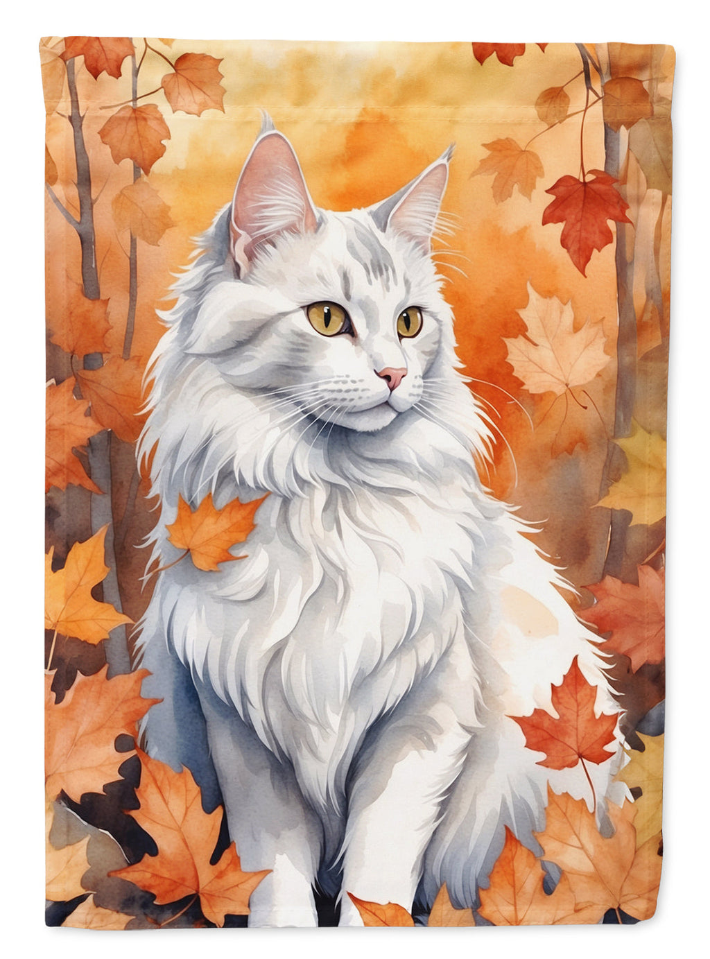 Turkish Angora Cat in Fall Leaves House Flag 28x40 Porch Sleeve Pole Decorative Outside Yard Banner Artwork Wall Hanging, Polyester