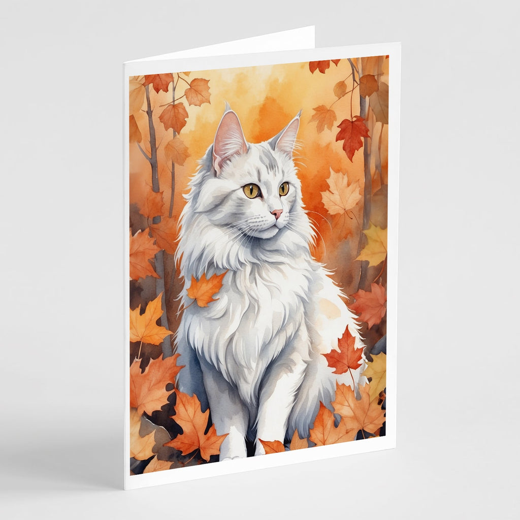 Turkish Angora Cat in Fall Leaves Greeting Cards Pack of 8 Blank Cards with Envelopes Whimsical A7 Size 5x7
