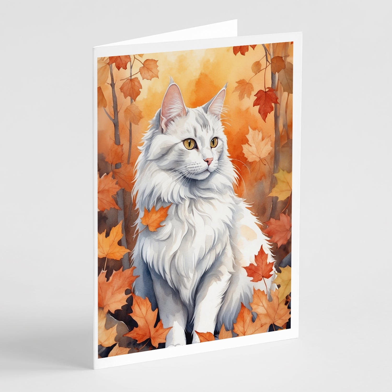 Turkish Angora Cat in Fall Leaves Greeting Cards Pack of 8 Blank Cards with Envelopes Whimsical A7 Size 5x7