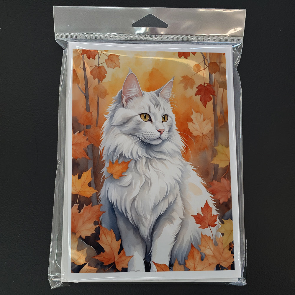 Turkish Angora Cat in Fall Leaves Greeting Cards Pack of 8 Blank Cards with Envelopes Whimsical A7 Size 5x7