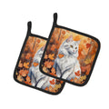 Turkish Angora Cat in Fall Leaves Pot Holder Set of 2 Heat Resistant Quilted Hot Pads 7.5 x 7.5 Inch, Insulated Kitchen Trivets for Cooking & Baking