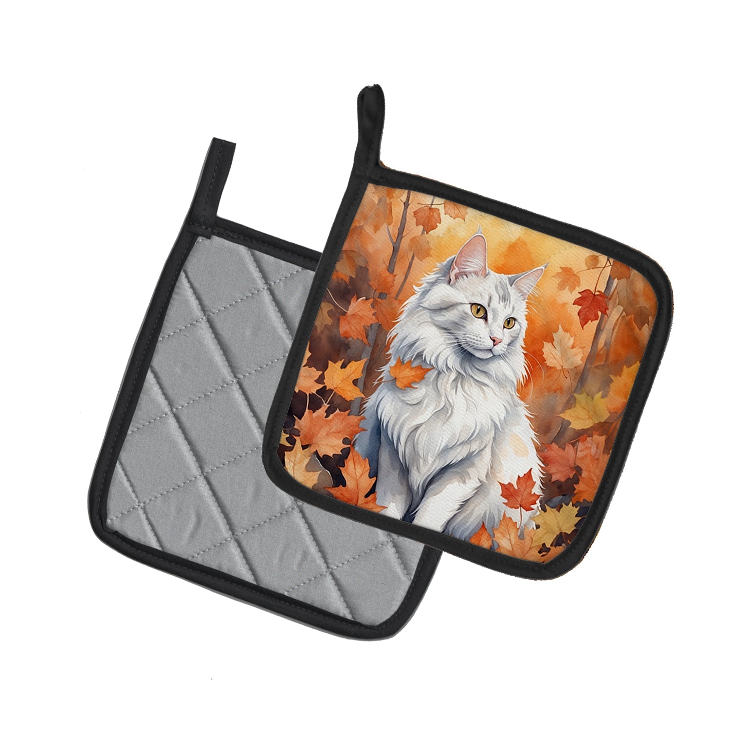 Turkish Angora Cat in Fall Leaves Pot Holder Set of 2 Heat Resistant Quilted Hot Pads 7.5 x 7.5 Inch, Insulated Kitchen Trivets for Cooking & Baking