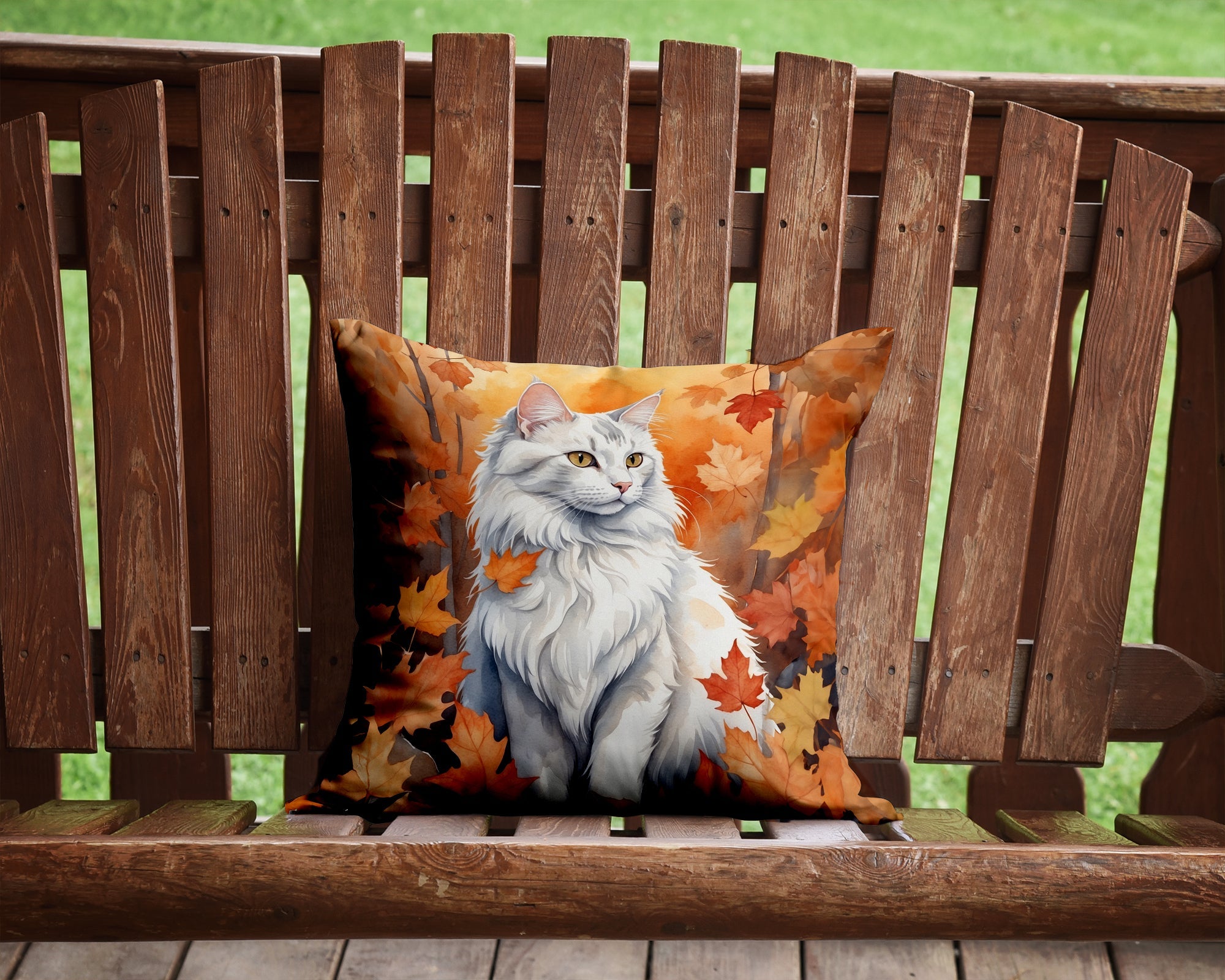 Turkish Angora Cat in Fall Leaves Decorative Throw Pillow 14x14 Indoor Outdoor Accent Cushion, Fabric Cover with Insert for Sofa, Bed, Porch & Living Room