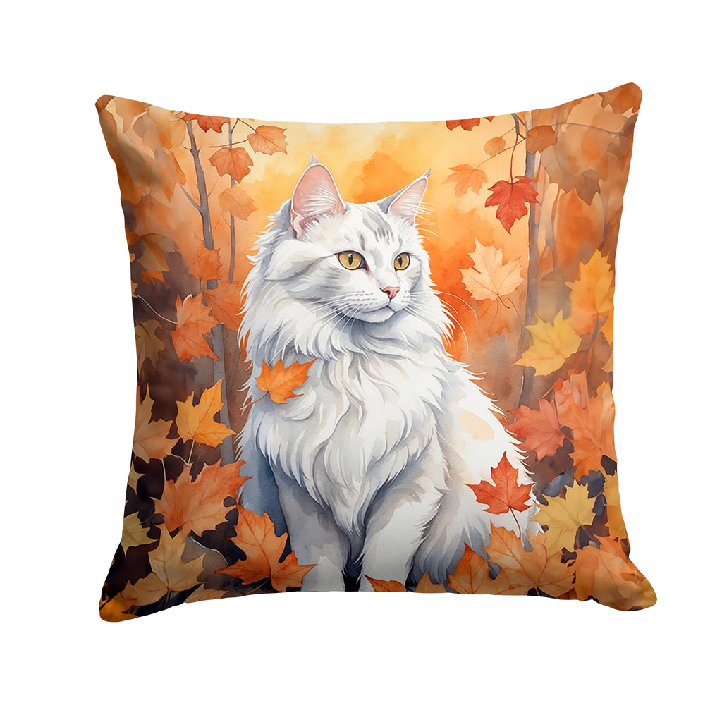Turkish Angora Cat in Fall Leaves Decorative Throw Pillow 18x18 Indoor Outdoor Accent Cushion, Fabric Cover with Insert for Sofa, Bed, Porch & Living Room