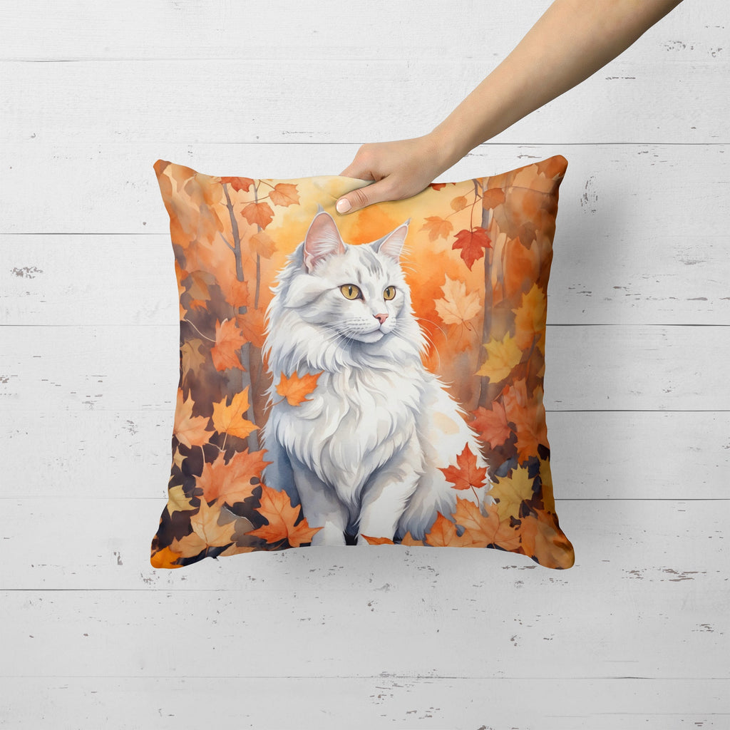 Turkish Angora Cat in Fall Leaves Decorative Throw Pillow 18x18 Indoor Outdoor Accent Cushion, Fabric Cover with Insert for Sofa, Bed, Porch & Living Room