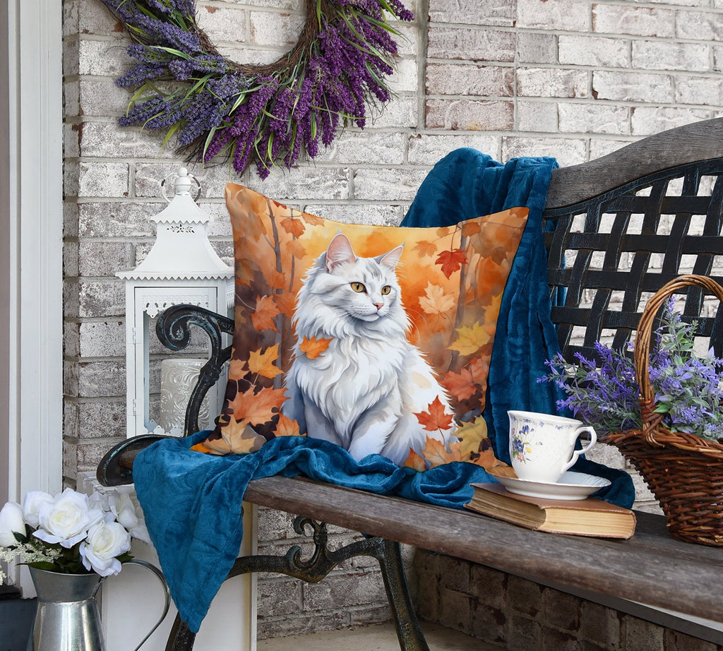 Turkish Angora Cat in Fall Leaves Decorative Throw Pillow 18x18 Indoor Outdoor Accent Cushion, Fabric Cover with Insert for Sofa, Bed, Porch & Living Room