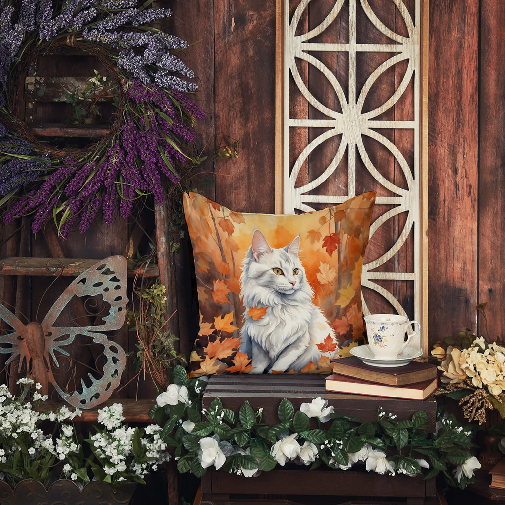 Turkish Angora Cat in Fall Leaves Decorative Throw Pillow 18x18 Indoor Outdoor Accent Cushion, Fabric Cover with Insert for Sofa, Bed, Porch & Living Room