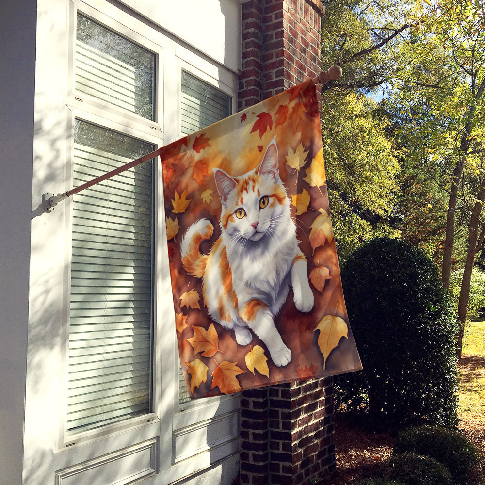 Turkish Van Cat in Fall Leaves House Flag 28x40 Porch Sleeve Pole Decorative Outside Yard Banner Artwork Wall Hanging, Polyester