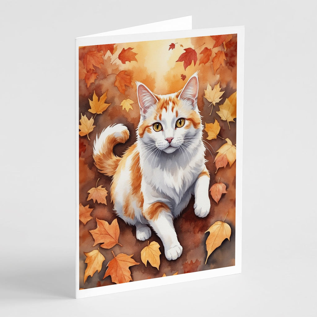 Turkish Van Cat in Fall Leaves Greeting Cards Pack of 8 Blank Cards with Envelopes Whimsical A7 Size 5x7