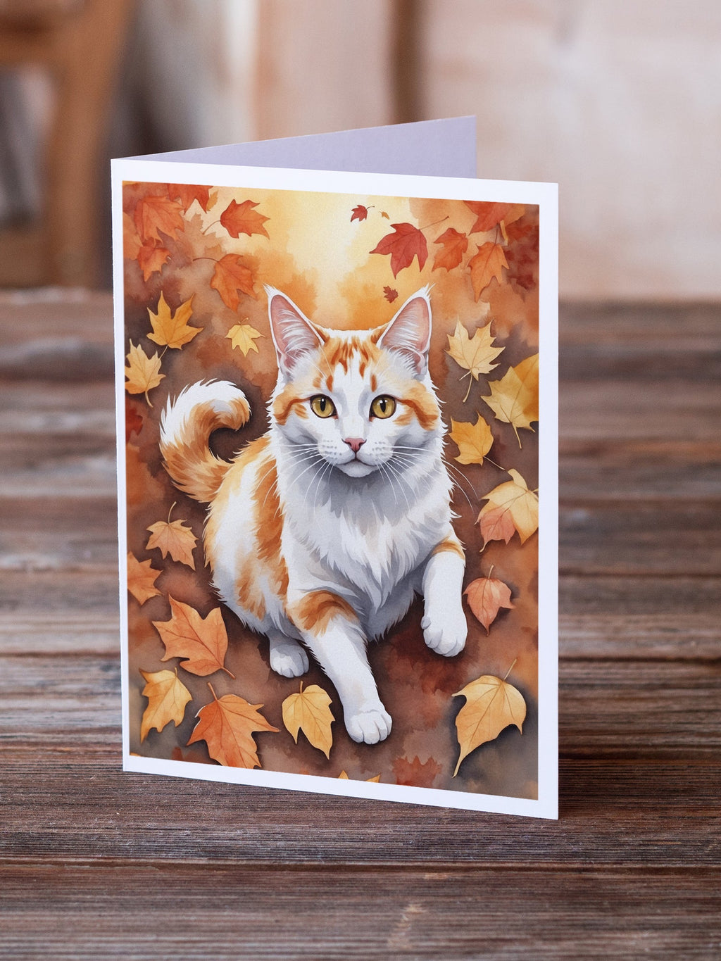 Turkish Van Cat in Fall Leaves Greeting Cards Pack of 8 Blank Cards with Envelopes Whimsical A7 Size 5x7