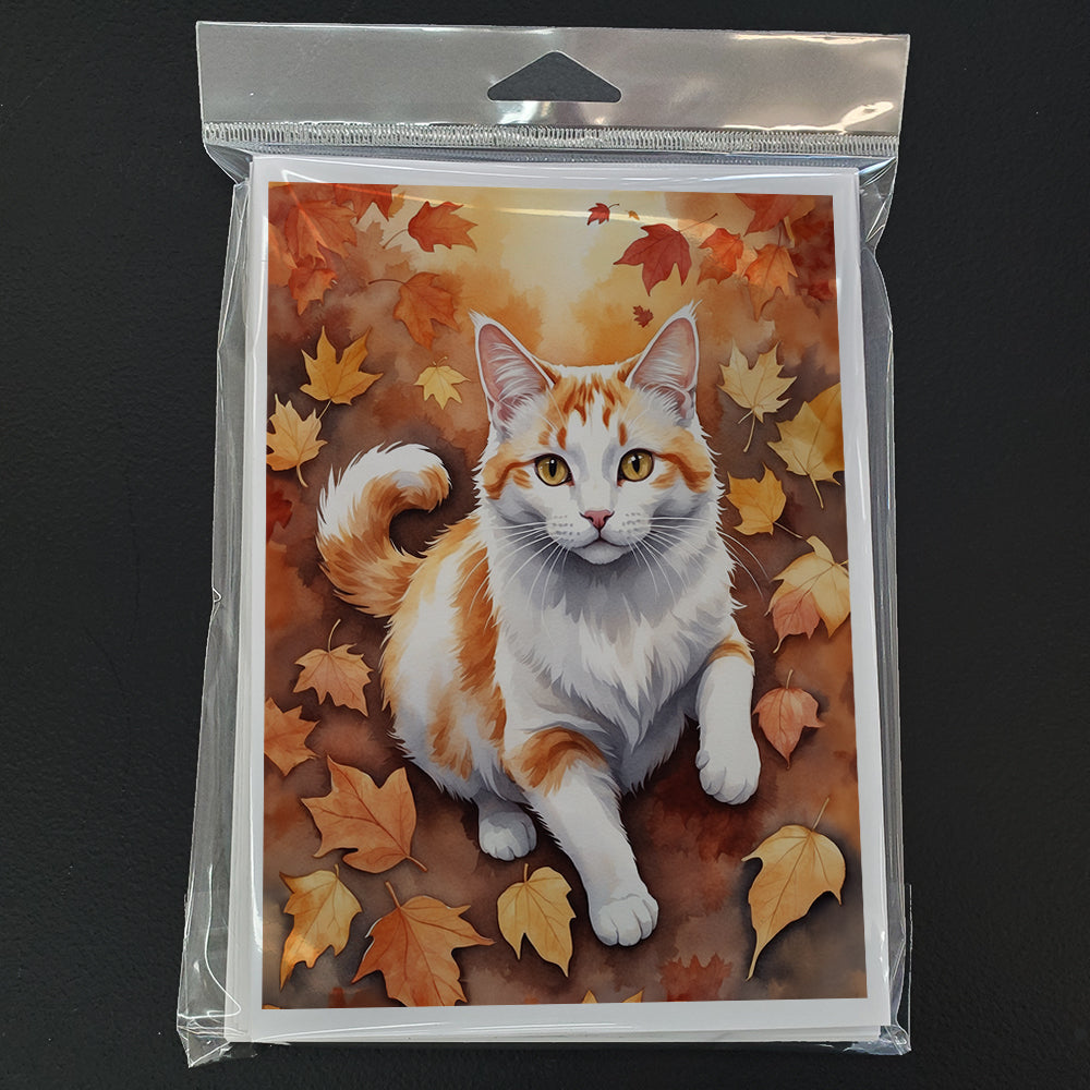 Turkish Van Cat in Fall Leaves Greeting Cards Pack of 8 Blank Cards with Envelopes Whimsical A7 Size 5x7