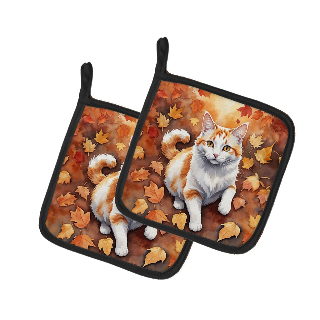 Turkish Van Cat in Fall Leaves Pot Holder Set of 2 Heat Resistant Quilted Hot Pads 7.5 x 7.5 Inch, Insulated Kitchen Trivets for Cooking & Baking