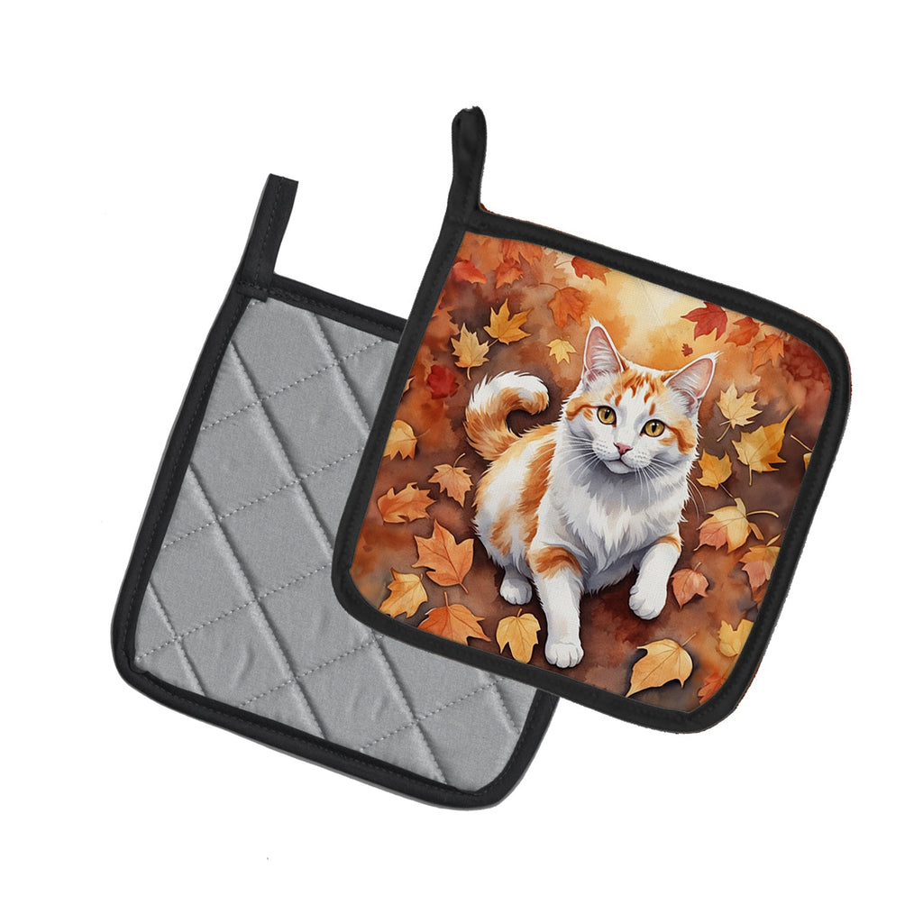 Turkish Van Cat in Fall Leaves Pot Holder Set of 2 Heat Resistant Quilted Hot Pads 7.5 x 7.5 Inch, Insulated Kitchen Trivets for Cooking & Baking