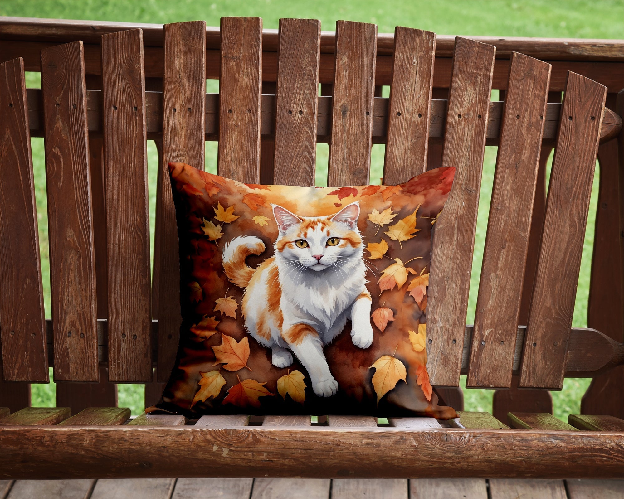 Turkish Van Cat in Fall Leaves Decorative Throw Pillow 14x14 Indoor Outdoor Accent Cushion, Fabric Cover with Insert for Sofa, Bed, Porch & Living Room
