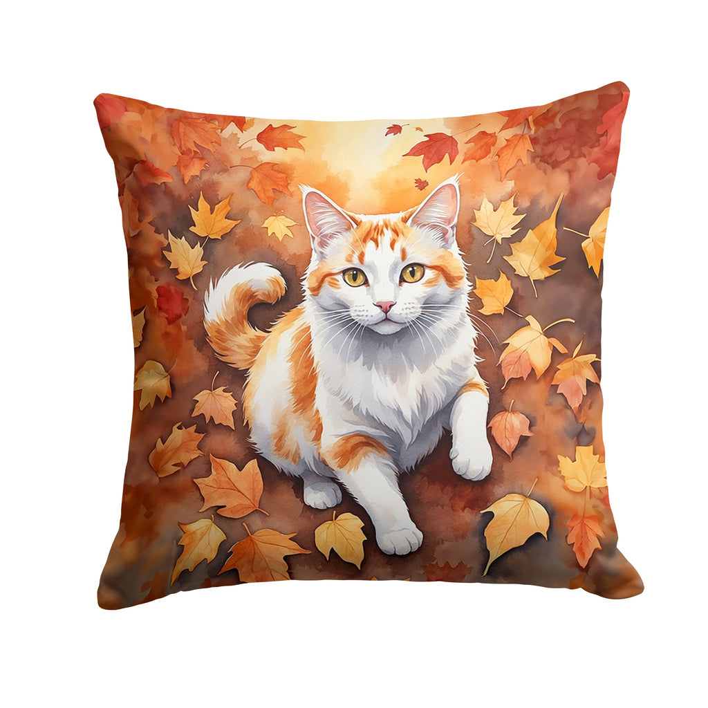 Turkish Van Cat in Fall Leaves Decorative Throw Pillow 18x18 Indoor Outdoor Accent Cushion, Fabric Cover with Insert for Sofa, Bed, Porch & Living Room