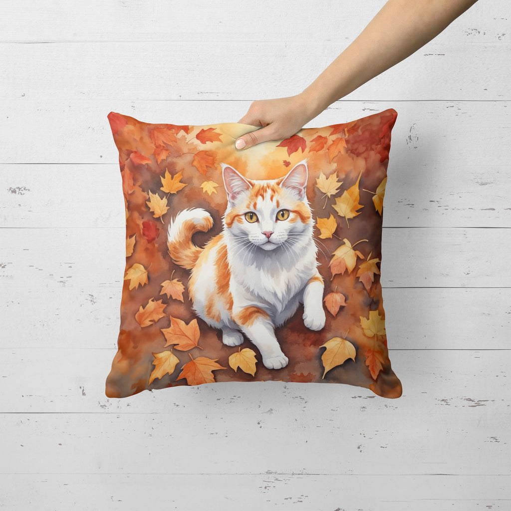 Turkish Van Cat in Fall Leaves Decorative Throw Pillow 18x18 Indoor Outdoor Accent Cushion, Fabric Cover with Insert for Sofa, Bed, Porch & Living Room