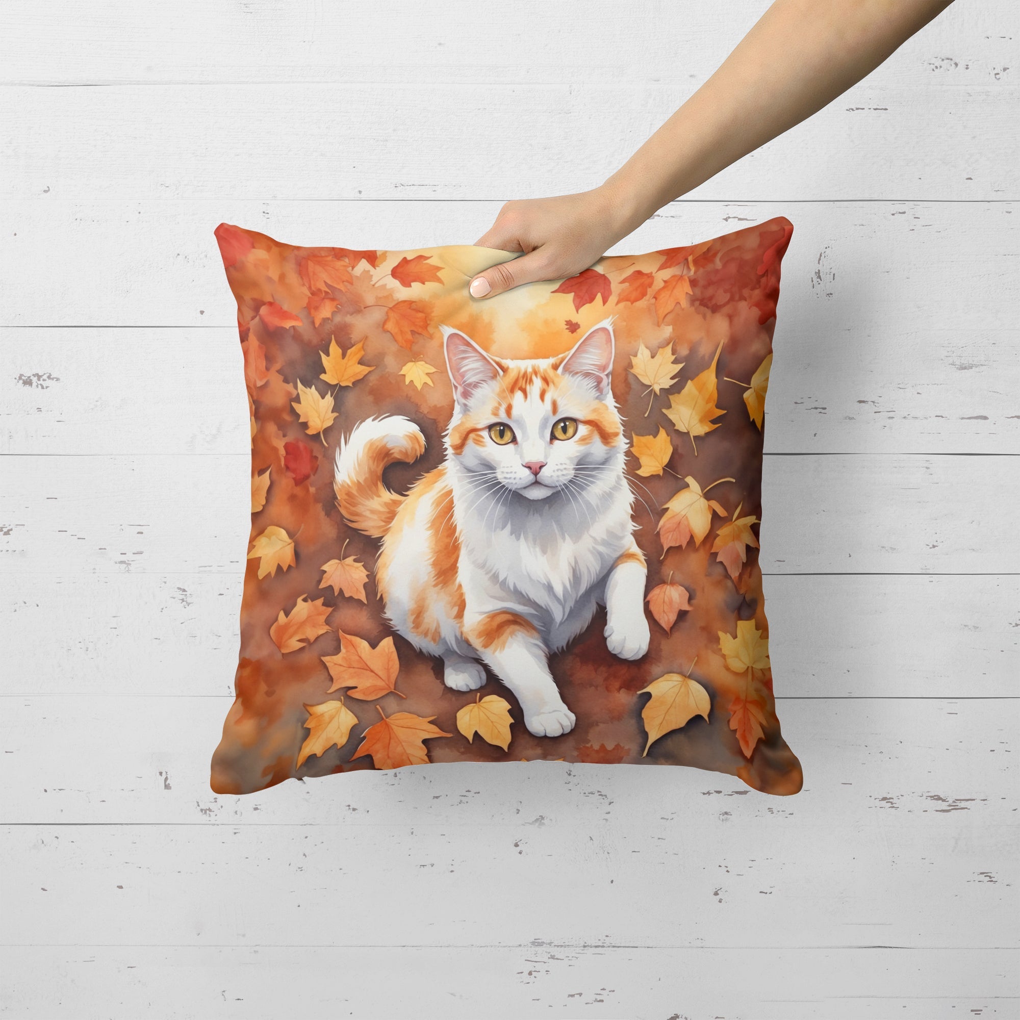 Turkish Van Cat in Fall Leaves Decorative Throw Pillow 18x18 Indoor Outdoor Accent Cushion, Fabric Cover with Insert for Sofa, Bed, Porch & Living Room