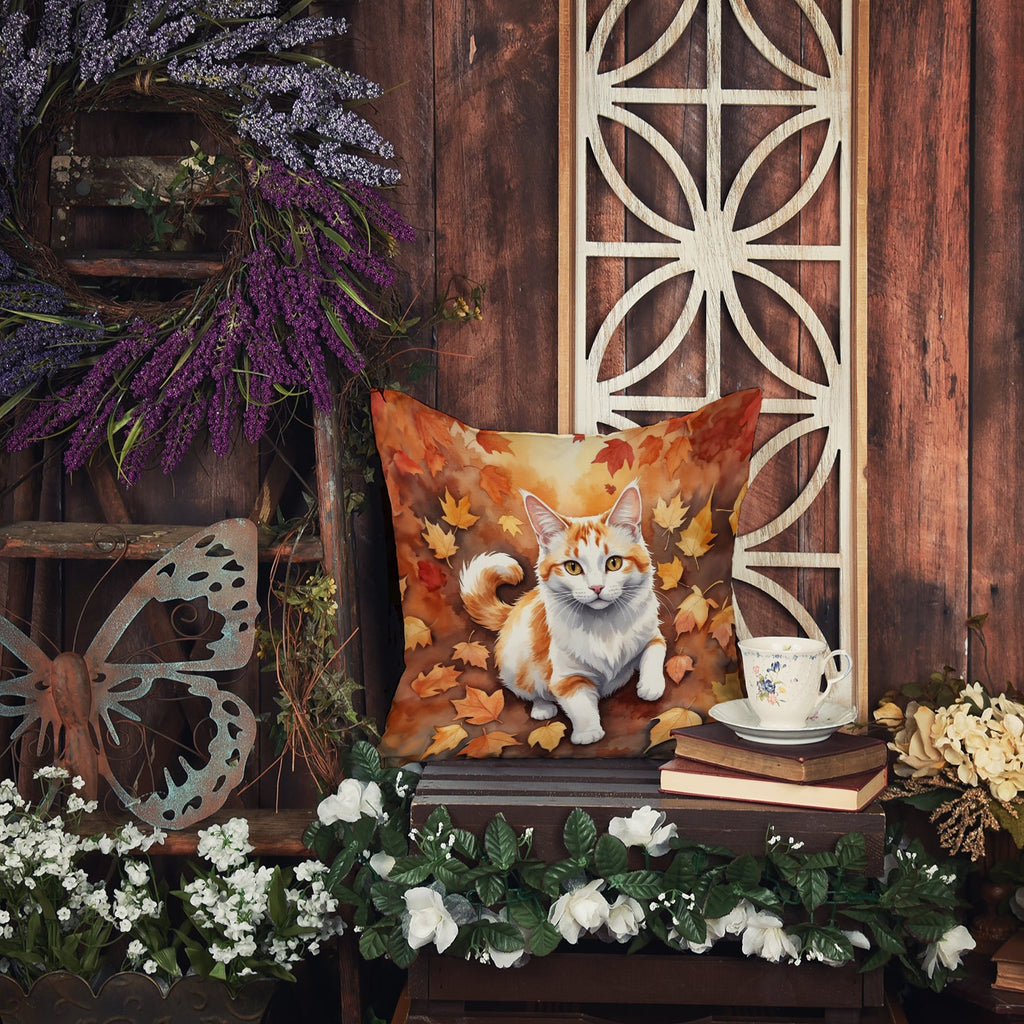 Turkish Van Cat in Fall Leaves Decorative Throw Pillow 18x18 Indoor Outdoor Accent Cushion, Fabric Cover with Insert for Sofa, Bed, Porch & Living Room